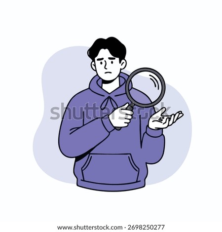 Young man in a hoodie examining small details with a magnifying glass illustration