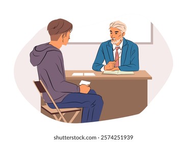 A young man in a hoodie talking to an elderly counselor at a desk, both seated in a calm environment. Flat art style on a light abstract background. Concept of guidance. Vector illustration.