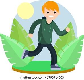 Young man in Hoodies. Running and sports. Active lifestyle. Movement and walking. Cartoon flat illustration. Park and nature. Leaves of plants. Summer season.