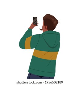 Young Man in Hoody with Smartphone Recording Street Protest Against Human Rights Violation on Video Vector Illustration