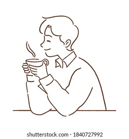 Young man with a hot cup of coffee, hand-drawn line art style vector illustration.