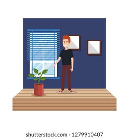 young man in house corridor character