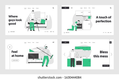 Young Man at Household Activities Website Landing Page Set. Sweeping Floor, Cleaning Home, Cooking and Ironing. Housekeeping Duty and Chore Web Page Banner. Cartoon Flat Vector Illustration, Line Art