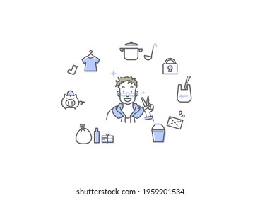 young man and housework, simple line art, bicolor