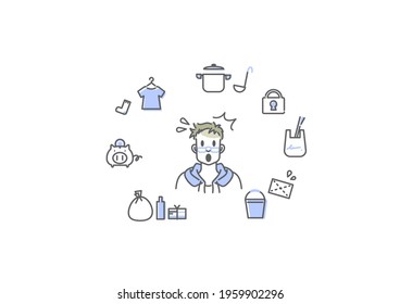young man and housework, simple line art, bicolor