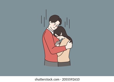 Young Man Hug Caress Support Unhappy Woman Girlfriend Show Love And Care. Supportive Male Embrace Comfort Sad Girl Feeling Distressed Depressed. Couple Relationship Goal. Flat Vector Illustration.