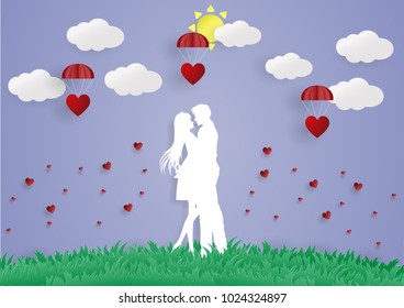 Young man hug his lover with heart floating in the sky.Marry me.sun.cloud.digital craft.vector.paper art and craft style