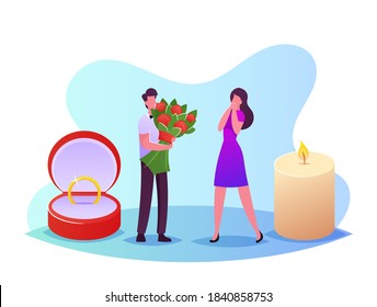 Young Man with Huge Flower Bouquet and Ring Making Proposal to Woman Asking her Marry him in Beautiful Romantic Settings with Burning Candles. Characters Engagement. Cartoon People Vector Illustration