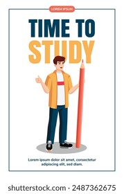 Young man with huge pencil Shows thumbs up. Education, knowledge, student concept Flyer design. Vector illustration. Training concept banner, promo, advertising, leaflet. Time to study