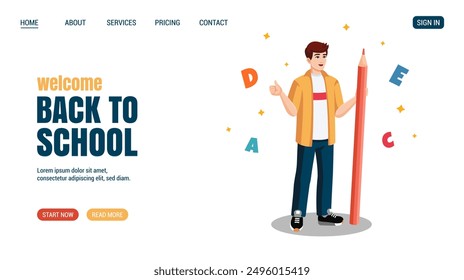 Young man with huge pencil Surrounded with letters Shows thumbs up. Back to school concept Flyer design. Vector