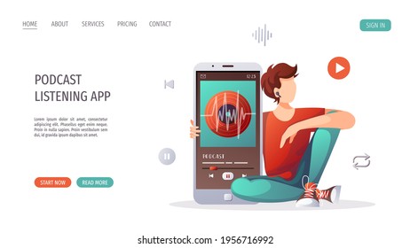 Young man with huge phone and earphones listening to music, audio book or podcast. E-learning, online courses, education, music, broadcast concept. Vector illustration for website, poster, banner.