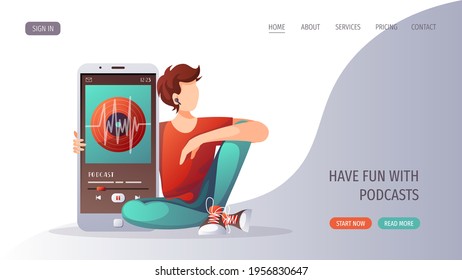 Young man with huge phone and earphones listening to music, audio book or podcast. E-learning, online courses, education, music, broadcast concept. Vector illustration for website, poster, banner.