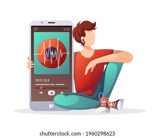 Young man with huge phone and earphones listening to music, audio book or podcast. E-learning, online courses, education, music, broadcast concept. Isolated vector illustration for poster, banner.