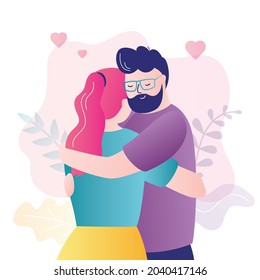 Young man hugged his girlfriend. Colorful portrait of loving couple. Female and male character hugging. Guy hugs his beloved wife. Two lovers in embrace. Romantic relationship.Flat vector illustration