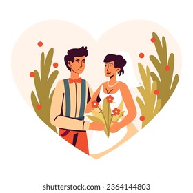 Young man hugging beautiful bride. Happy couple celebrating wedding outdoors in summer. Beautiful wedding couples in park. Vector illustration in cartoon style