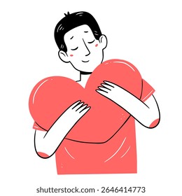 Jovem abraçando um coração em um estilo simples de rabiscar linear. Ilustração isolada de vetor.