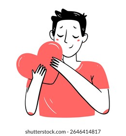 Hombre joven que abraza un corazón en un estilo de doodle lineal simple. Vector aislado ilustración.