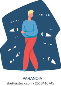 Young man hugging himself, feeling insecure and anxious because of many eyes staring at him from the dark, representing paranoia, social anxiety, and mental health issues