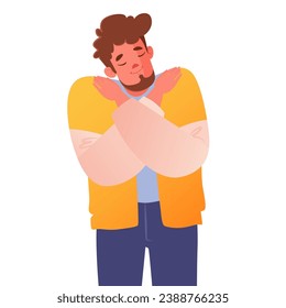 Young man hugging himself. Wrapped his arms around himself around his shoulders. Method technique of self-soothing when experiencing stress. Concept of self-love or taking care of one's mental heals