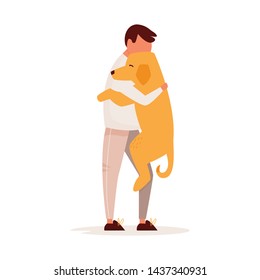 Young man hugging his dog. Pet love concept. Flat vector colorful illustration