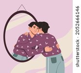 Young man hugging his own reflection in the mirror. Love yourself, self care, self acceptance concept. Hand drawn vector colorful funny cartoon style illustration