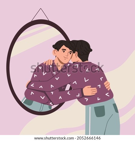 Young man hugging his own reflection in the mirror. Love yourself, self care, self acceptance concept. Hand drawn vector colorful funny cartoon style illustration