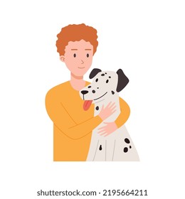 Young man hugging a huge adorable dog, flat cartoon vector illustration isolated on white background. Care and adoption of pets, charity for homeless animals.