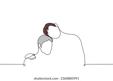 young man hugging old man - one line art vector. concept hug of people of different generations, grandfather and grandson, father and son