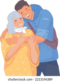 Young man hugging old woman. Grandma with grandson together isolated on white background