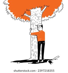 Young man hugging a tree, Hand drawing vector illustration line art doodle style.