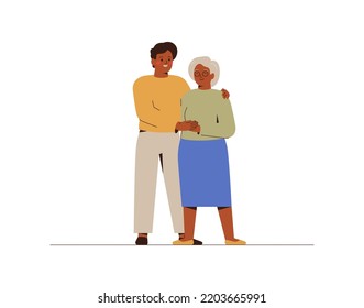 Young man hugs his elderly mother with love and care. Son helps to his senior female parent. Concept of Support and protection for old person.Vector illustration