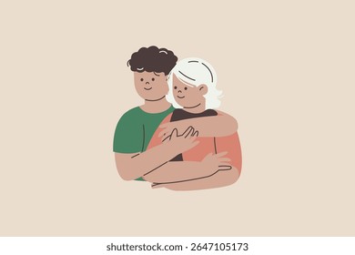 Jovem homem abraça sua mãe idosa com amor e cuidado ilustração