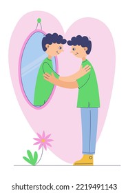 A young man hugs his own reflection in the mirror. Love yourself, self care, self acceptance concept.