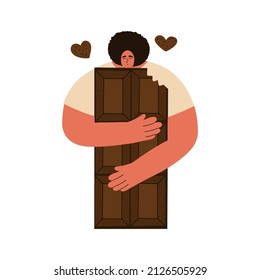 A young man hugs a large bar of dark chocolate. Sweet food love concept. Vector illustration in flat style