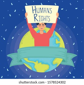 young man with human rights label and world planet vector illustration design