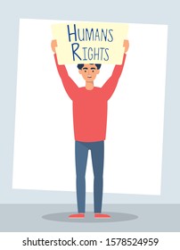 young man with human rights label character vector illustration design