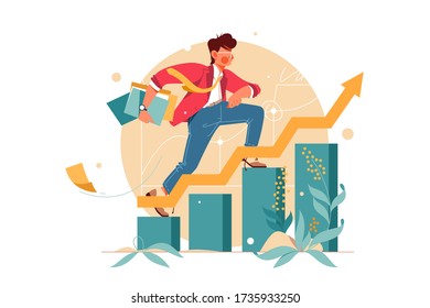 Young man hurry up consisting of finance graph. Isolated concept female employee character person with document folders, career growth with arrow. Vector illustration.
