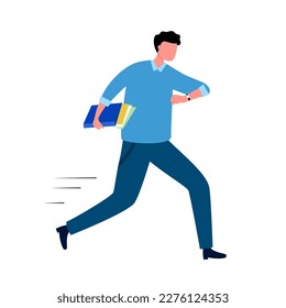 Young man hurry to work in flat design on white background. Student hurry up. Deadline.