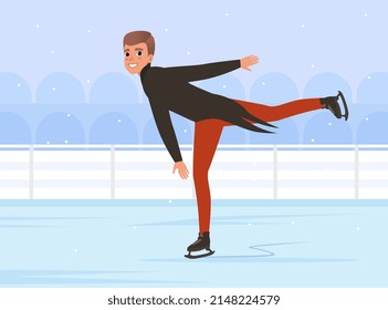 Young Man Ice Skating on Rink with Cityscape Background Scene Vector Illustration