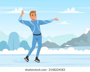 Young Man Ice Skating on Rink with Mountain Background Scene Vector Illustration