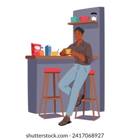 Young Man Immersed In His Daily Routine, Savors A Home-cooked Meal. The Comforting Ritual Unfolds As He Enjoys Familiar Flavors, Creating A Moment Of Solace And Nourishment. Vector Illustration