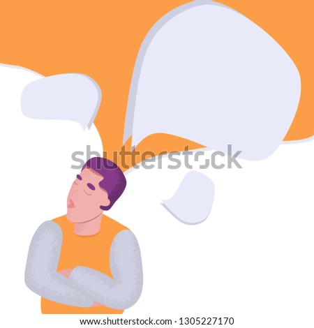 Young Man Immersed In Thought Art Vector Illustration Isolated on White Background. Empty Speech Bubbles. Place For Your Text