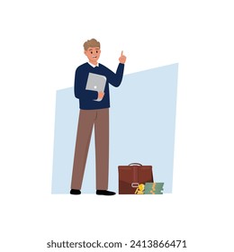 Young man with index finger raised, holding a laptop. Briefcase and pile of money on the floor. Business, inspiration, finance concept illustration 

