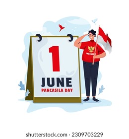 A young man with Indonesian flag celebrate June 1st Garuda Pancasila