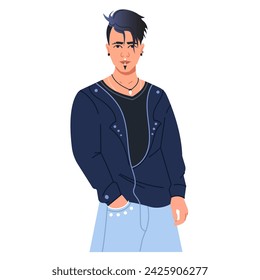 Un joven de apariencia informal se para en una posición relajada con la mano en el bolsillo. Un personaje masculino con el pelo teñido, peinado de moda y piercings. Posando. Vector. Estilo plano