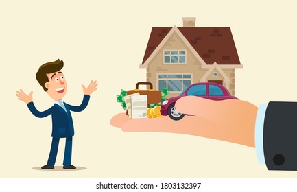 The young man inherited a house, a car and money. Bonus to a company employee. Inheritance from relatives. Business vector illustration, flat design, cartoon style, isolated background.