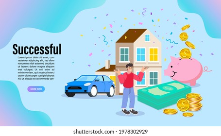 young man inherited a house, a car and money. Daydreaming, future financial plan concept. young man smiling happy profit growth. vector illustration