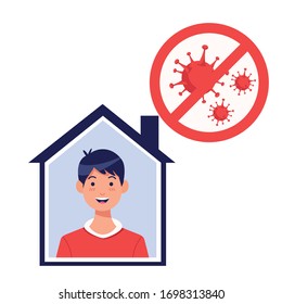 young man inside house with covid19 particles vector illustration design