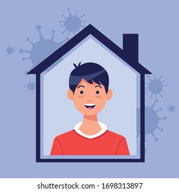 young man inside house with covid19 particles vector illustration design