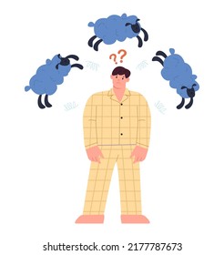 А young man with insomnia stands and counts the sheep jumping over her. Man suffering from insomnia in pajamas. Vector Illustration